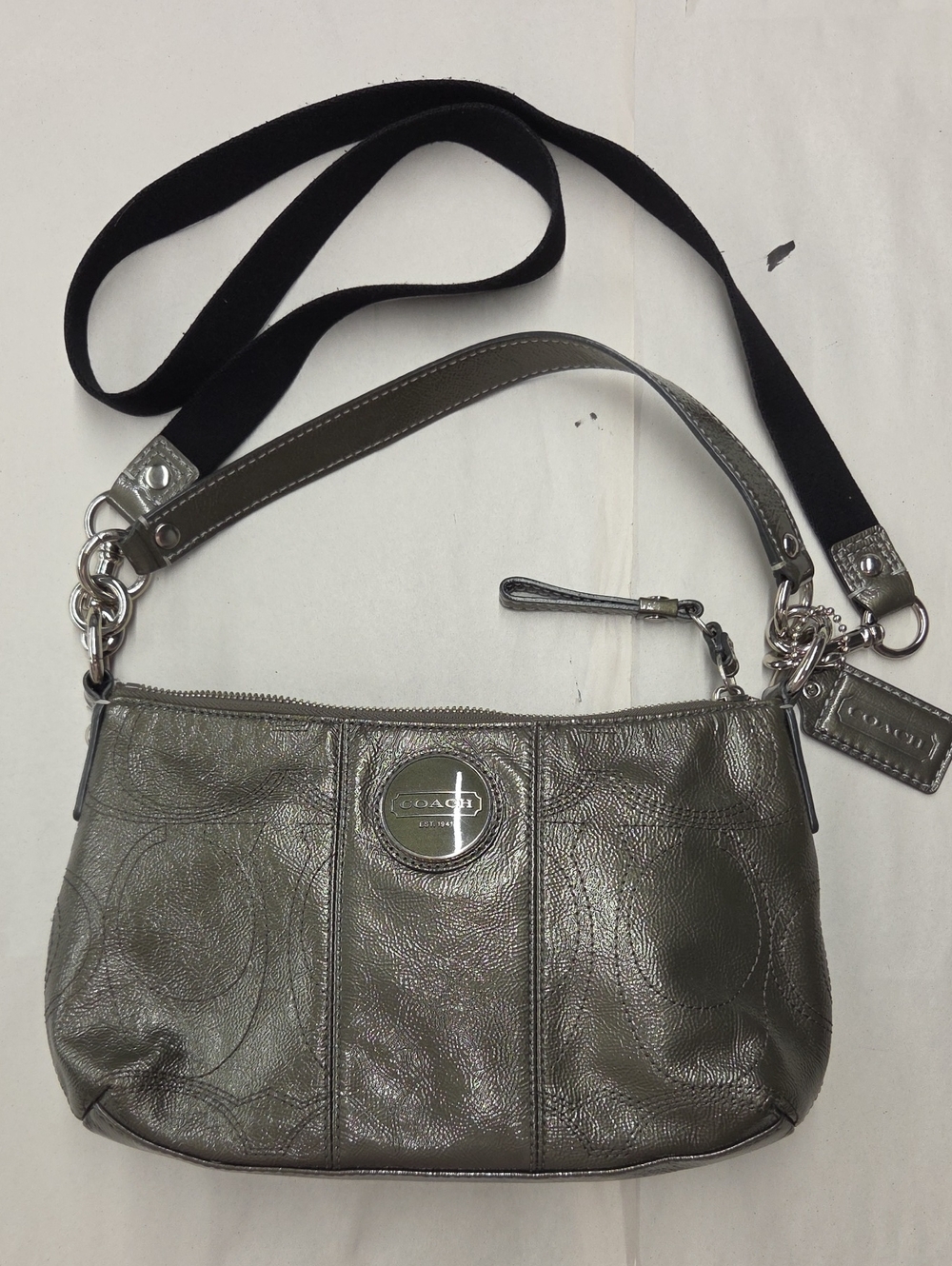 Coach Metallic Pewter Patent Leather Shoulder Bag with Black Strap